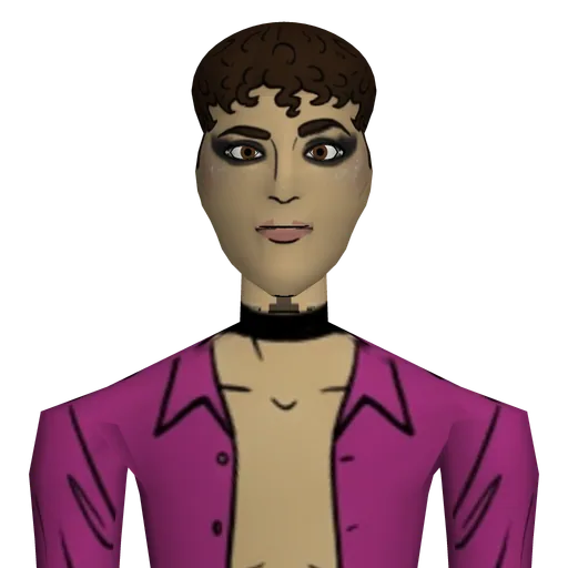 Lanky and flamboyant, glitter and smoky eyeliner, magenta satin shirt open to the navel, skin-tight velvet trousers, choker, patent boots.