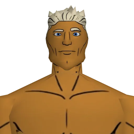 Enormously muscular and tall, massive square jaw, deeply tanned, wearing only tight white briefs, socks, and high-top trainers.