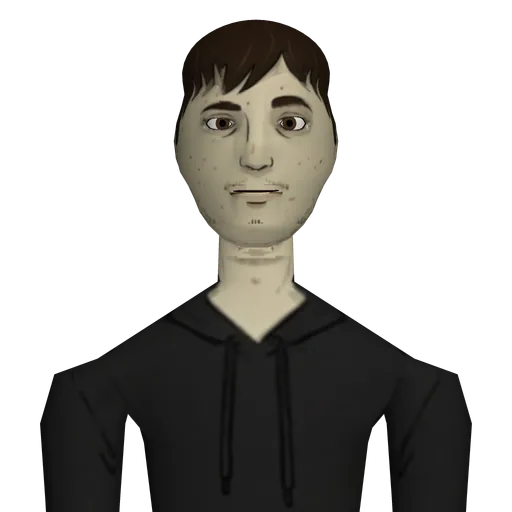 Thin and slouched, sallow skin, patchy facial hair, black hoodie, gray sweatpants, worn trainers.