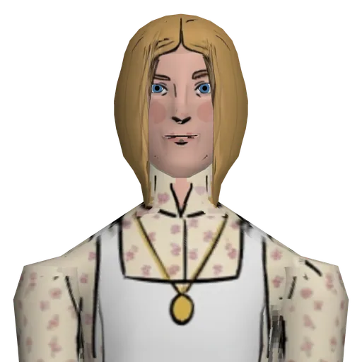 Natural makeup, high-necked floral prairie blouse, long cream trousers, delicate jewelry, spotless apron.