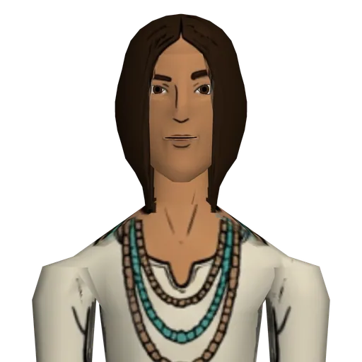 Willowy and sun-kissed, serene gaze, loose linen tunic and trousers, bead necklaces, simple sandals.