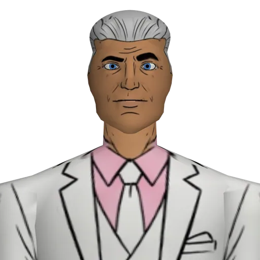 Broad gleaming smile, bronzed skin, perfect teeth, white suit, pastel shirt, shining shoes.