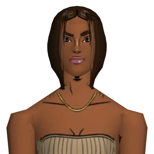 Curvy and deeply tanned, glossy lips, winged liner, tiny bandeau top and high-cut shorts, gold body chain, gold jewelry, heels.