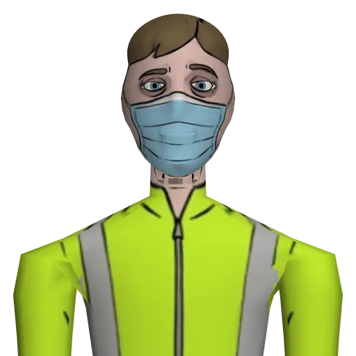 Thin and pale, tired eyes, surgical mask over his nose and mouth with zinc sunscreen on the bridge above it, neon high-vis rain jacket, running shoes.