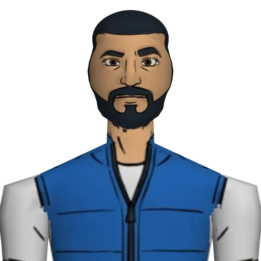 Lean, sculpted beard, electric blue fleece vest over a tight tee, slim joggers, smartwatch, chunky neon running shoes.