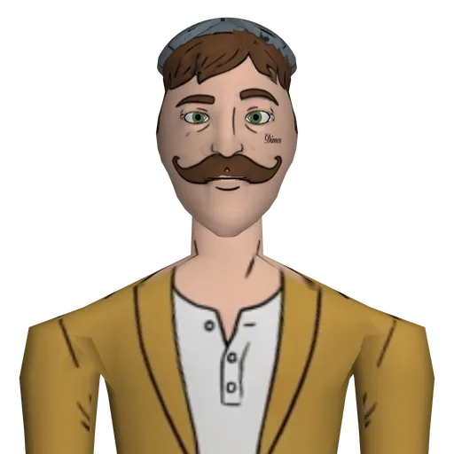 Skinny, curled mustache, 'Dimes' tattooed under his left eye, thrifted cardigan, cropped trousers, vintage boots.