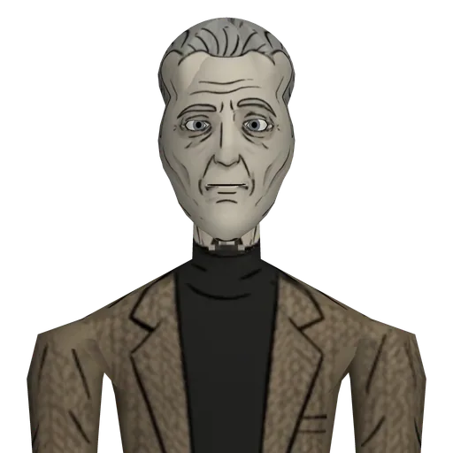 Gaunt, tired eyes, black turtleneck, rumpled blazer, dark trousers.