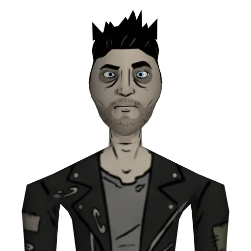 Rail-thin and grimy, dark under-eyes, patched leather jacket, torn black jeans, battered combat boots.