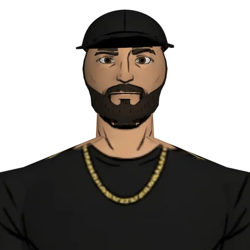 Thick-necked and groomed, close beard, fitted black tee, luxury watch, chain.