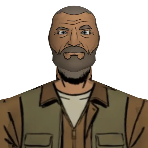 Broad and weathered, thick beard, rugged jacket, utility vest, cargo pants, heavy boots.