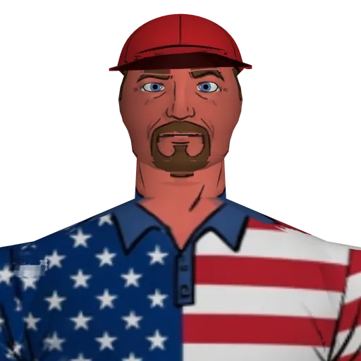 Barrel-chested, sun-reddened, goatee, patriotic polo, jeans, work boots.