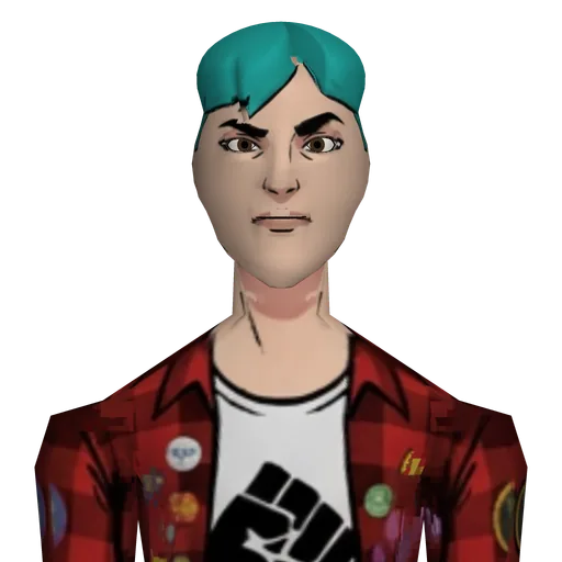 Slim, sharp brows, graphic tee, open flannel, black jeans, combat boots, pins and patches.