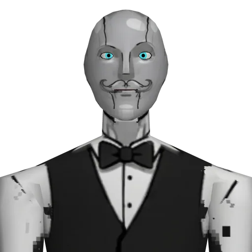 Sleek chrome humanoid, glowing eyes, curled metal mustache, bow tie, fitted waiter vest, attentive posture.