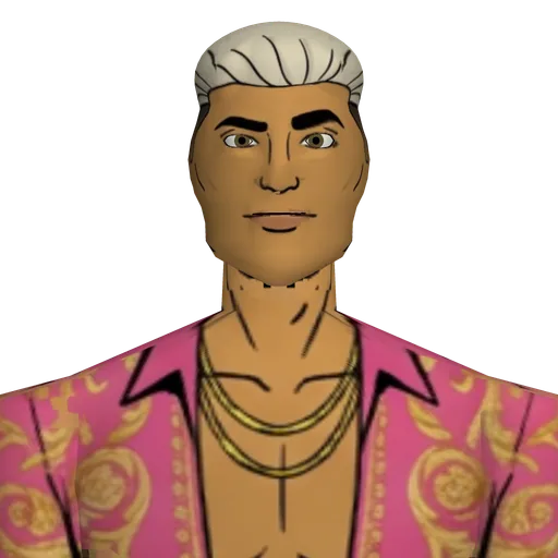 Sculpted and immaculately groomed, flawless tan, hot pink baroque silk shirt open to the navel, tiny white linen shorts, gold chains and rings, sockless loafers.